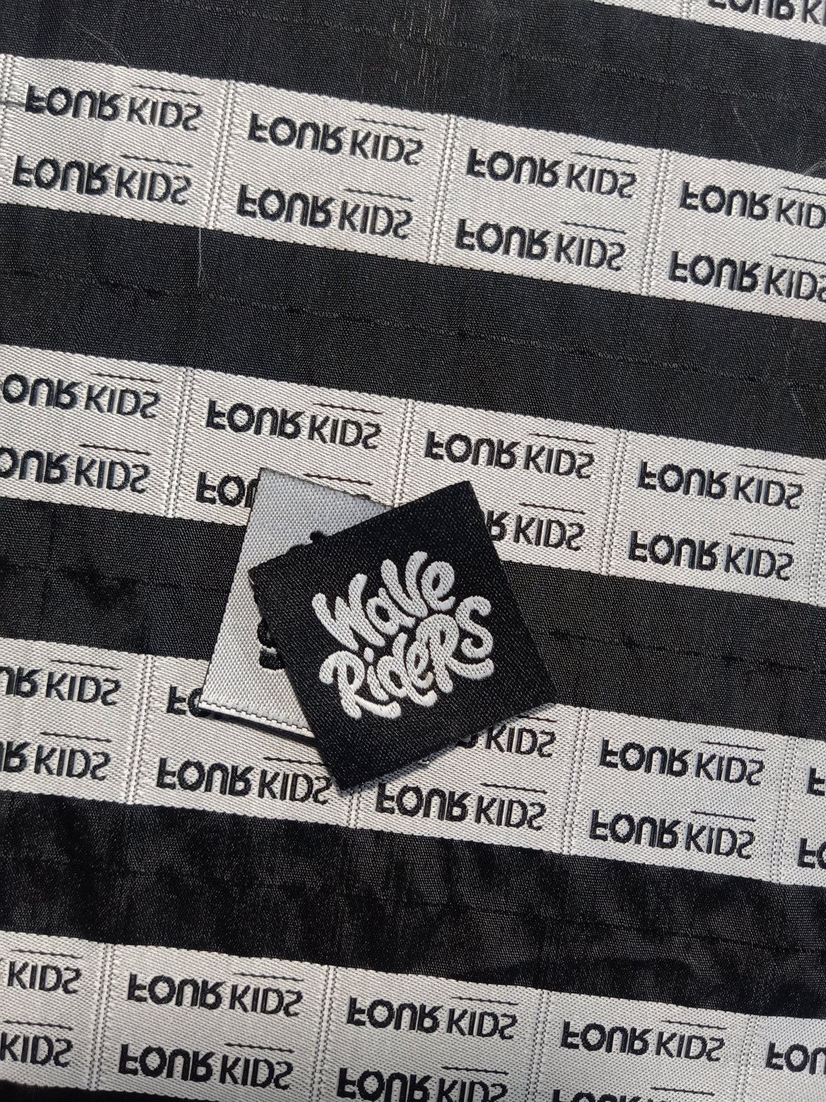 Real woven ribbon labels for Four Kids, and a woven logo patch for Wave Riders